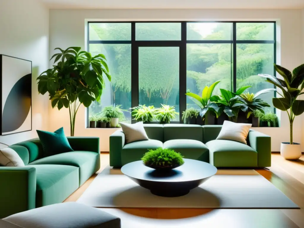 Moderna sala de estar con plantas de interior, creando un ambiente ecoamigable