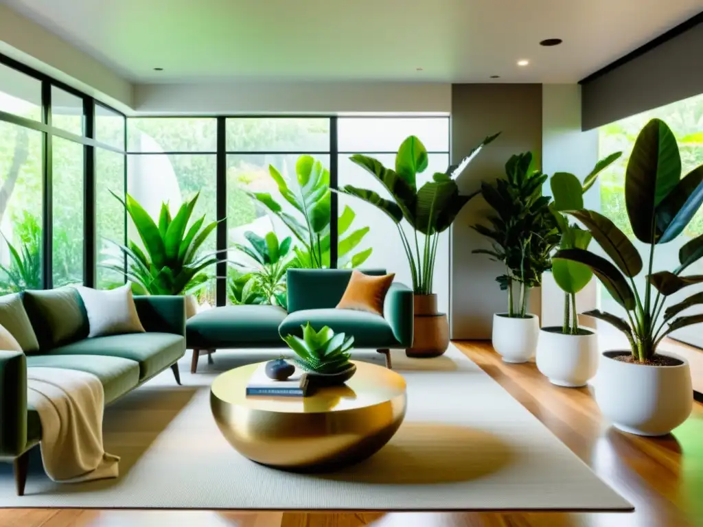 Moderna sala de estar con plantas de interior tendencia diseño 2023, que aportan frescura y elegancia al espacio