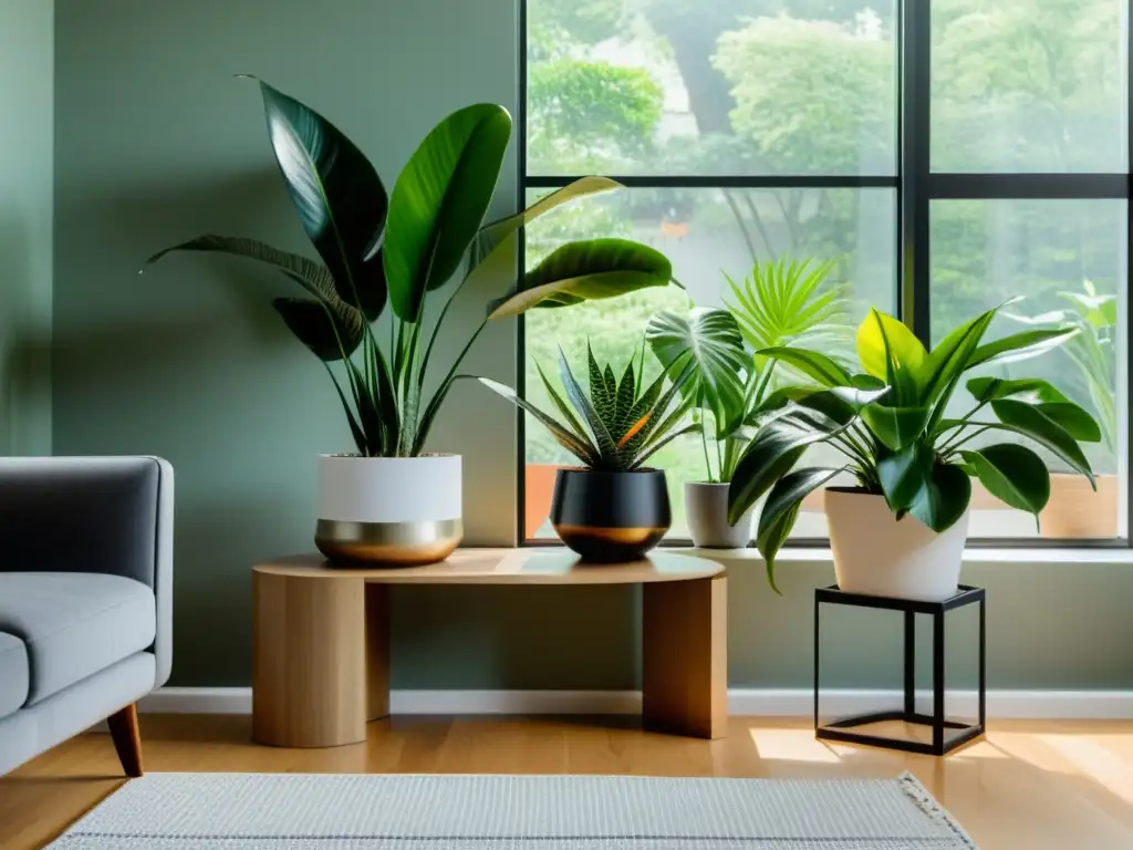 Moderna sala de estar con plantas de interior de bajo mantenimiento en elegantes macetas, iluminada por luz natural