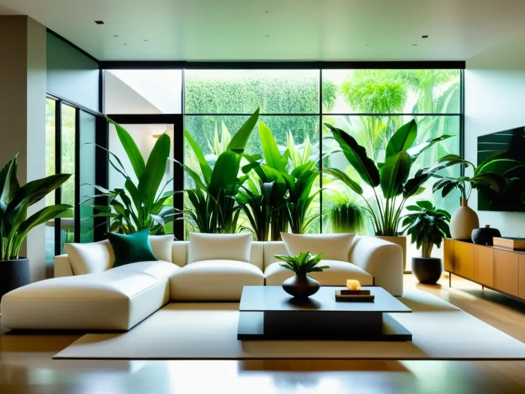 Moderna sala con plantas purificadoras de aire, creando un ambiente sereno y aireado