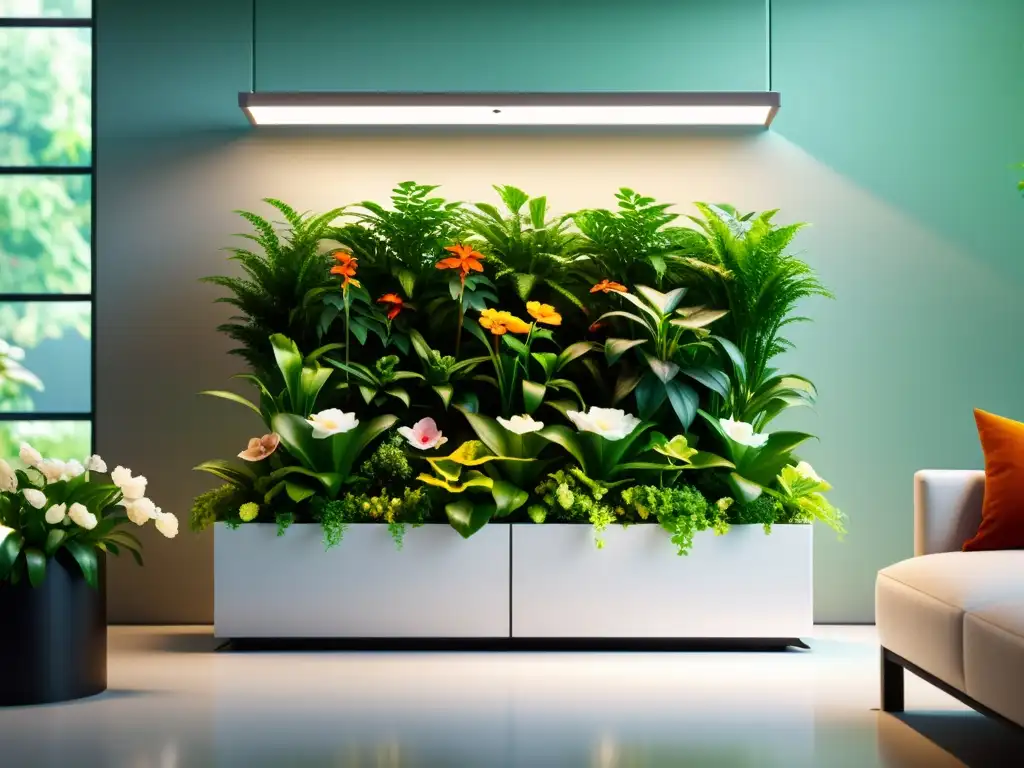 Jardín interior moderno con domótica para cuidado de plantas, elegante y eficiente