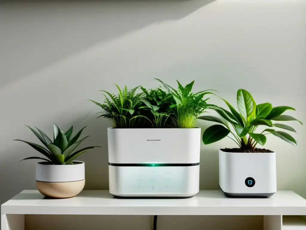 Jardín interior moderno con domótica para cuidado de plantas, estantes blancos, plantas verdes en macetas minimalistas y panel de control elegante