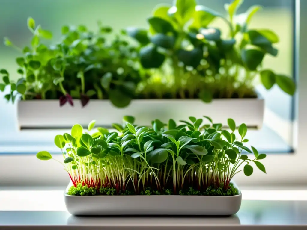 Un moderno cultivo de microgreens en apartamentos, con vibrantes hojas en un elegante macetero sobre una encimera blanca iluminada por la luz natural