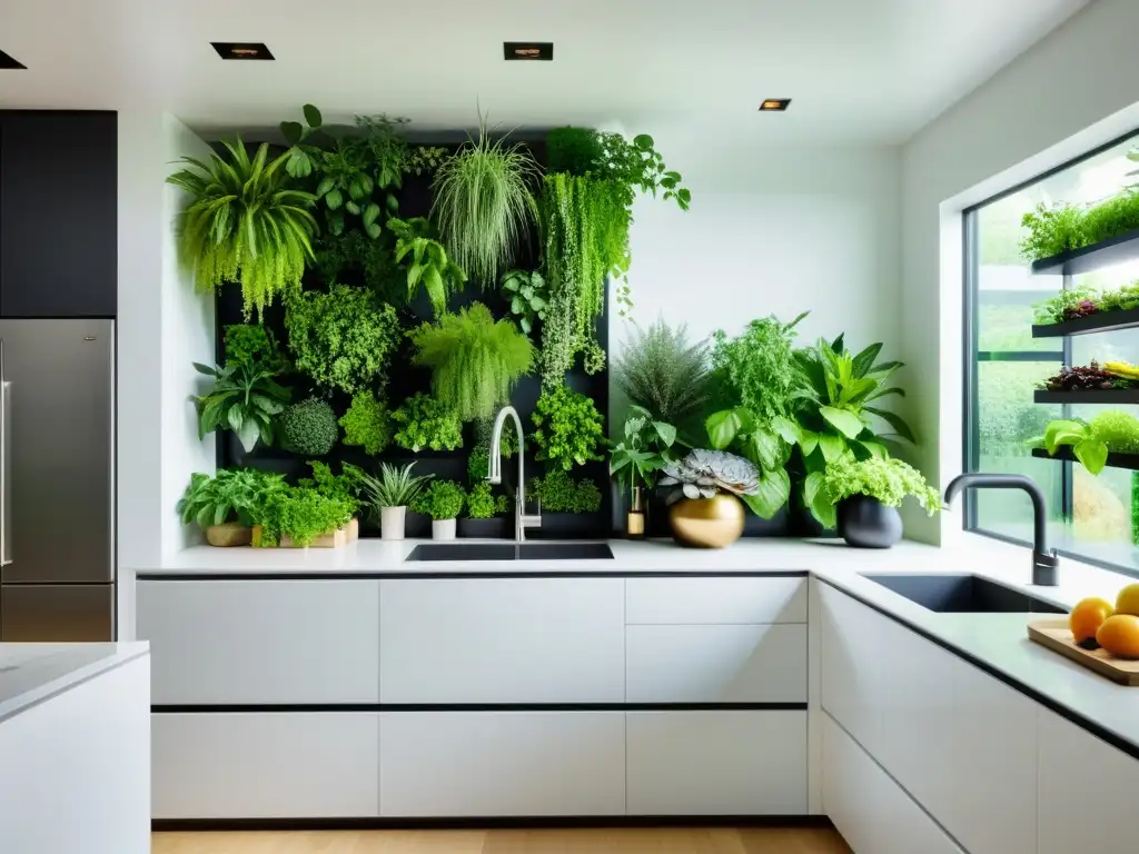 Un moderno diseño minimalista con un elegante jardín interior de plantas comestibles, integrado en la cocina blanca