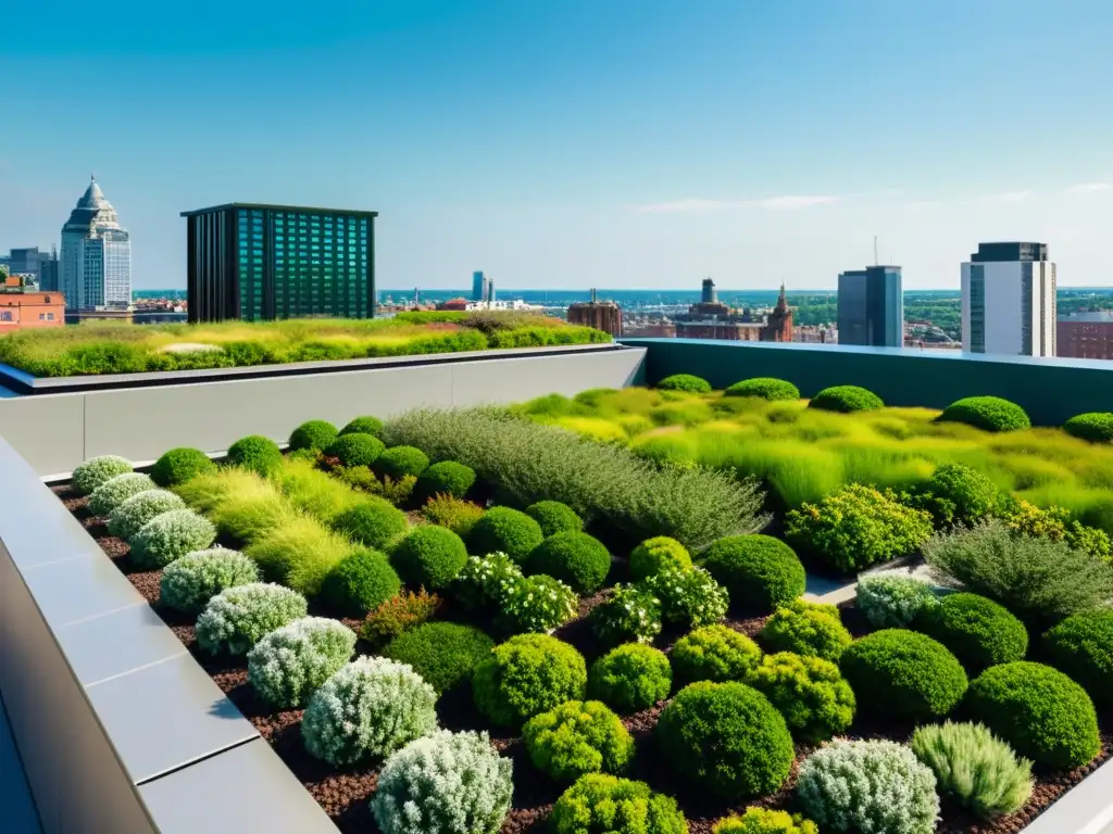 Un moderno edificio urbano con techo verde, muestra los beneficios de eficiencia energética y sostenibilidad