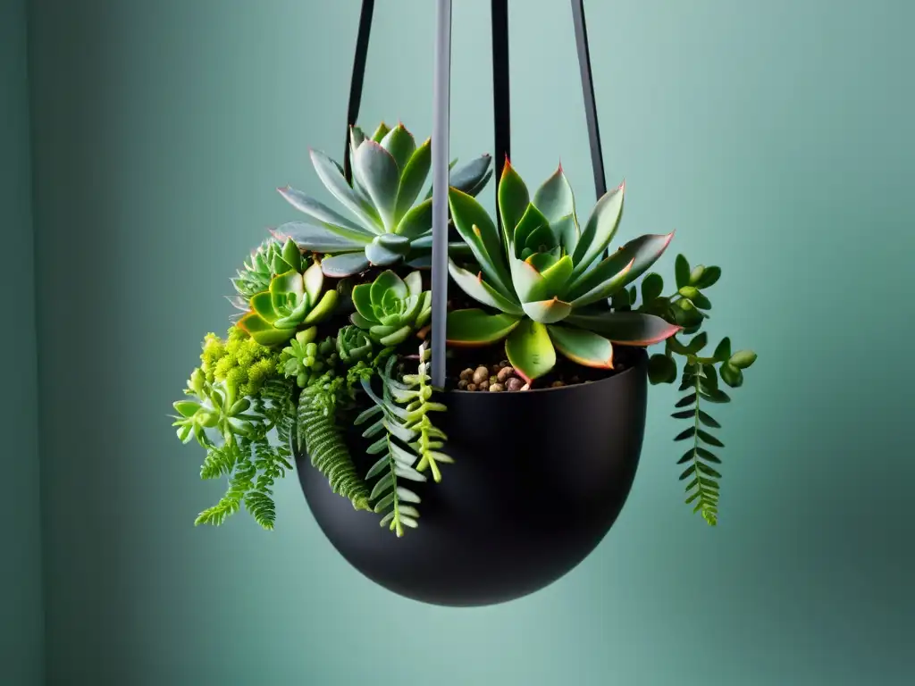 Un moderno y elegante minijardín colgante para espacios verticales con exuberantes suculentas y vegetación, en un macetero de metal negro mate