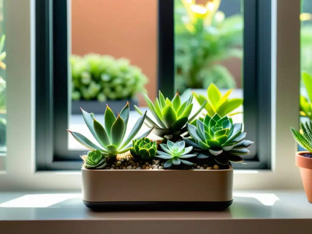 Un jardín de suculentas en un moderno y elegante macetero, bañado por la luz solar