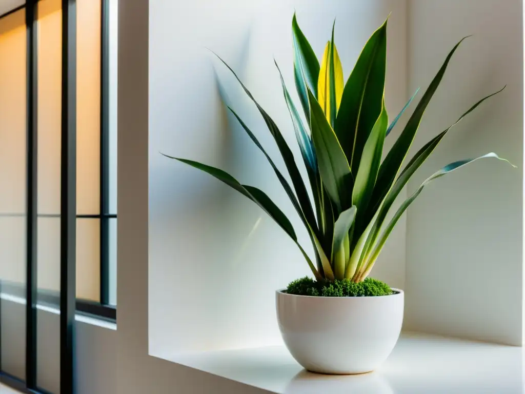 Un moderno y elegante macetero blanco alberga una exuberante planta de serpiente, bañada por la cálida luz del sol