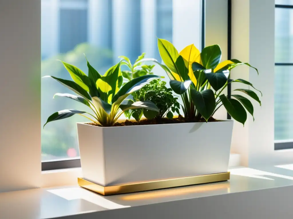 Un moderno y elegante macetero interior lleno de plantas exuberantes, bañado por la mejor luz para plantas de interior