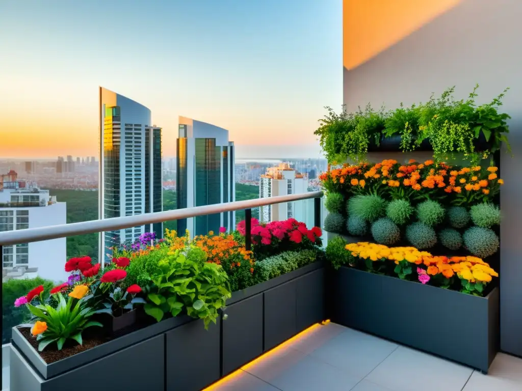 Un jardín de balcón moderno y elegante con plantas vibrantes y flores coloridas, en armonía con el paisaje urbano