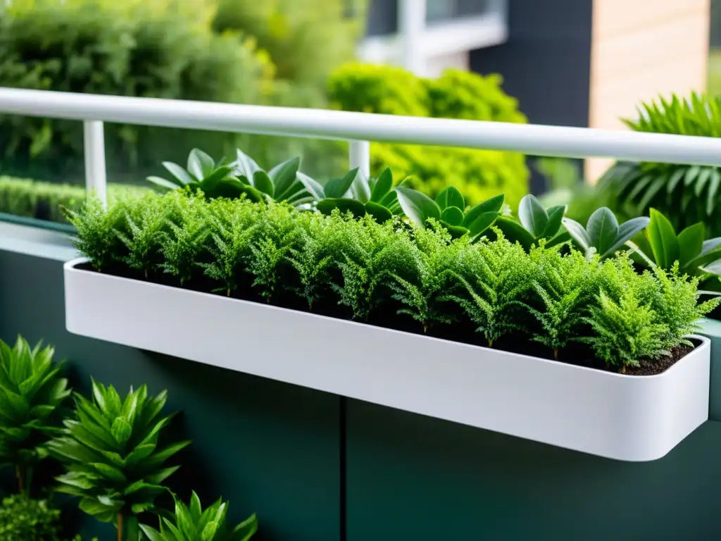 Jardín de balcón moderno con sistema de riego inteligente Un jardín de balcón moderno y elegante con riego inteligente, resaltando la integración de tecnología y naturaleza