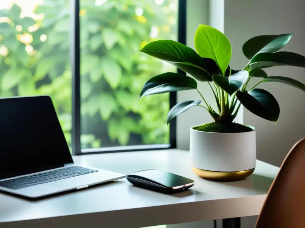 Un moderno escritorio de oficina con una exuberante planta verde en maceta blanca, junto a una laptop y un bloc de notas