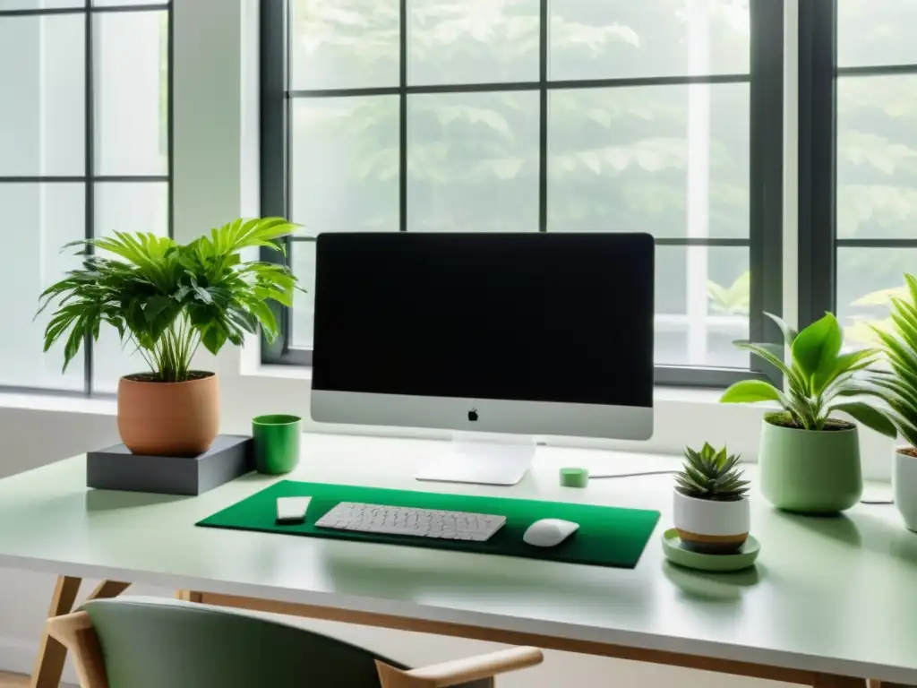 Un moderno escritorio de oficina minimalista con plantas de interior para oficinas, luz natural y accesorios cuidadosamente seleccionados