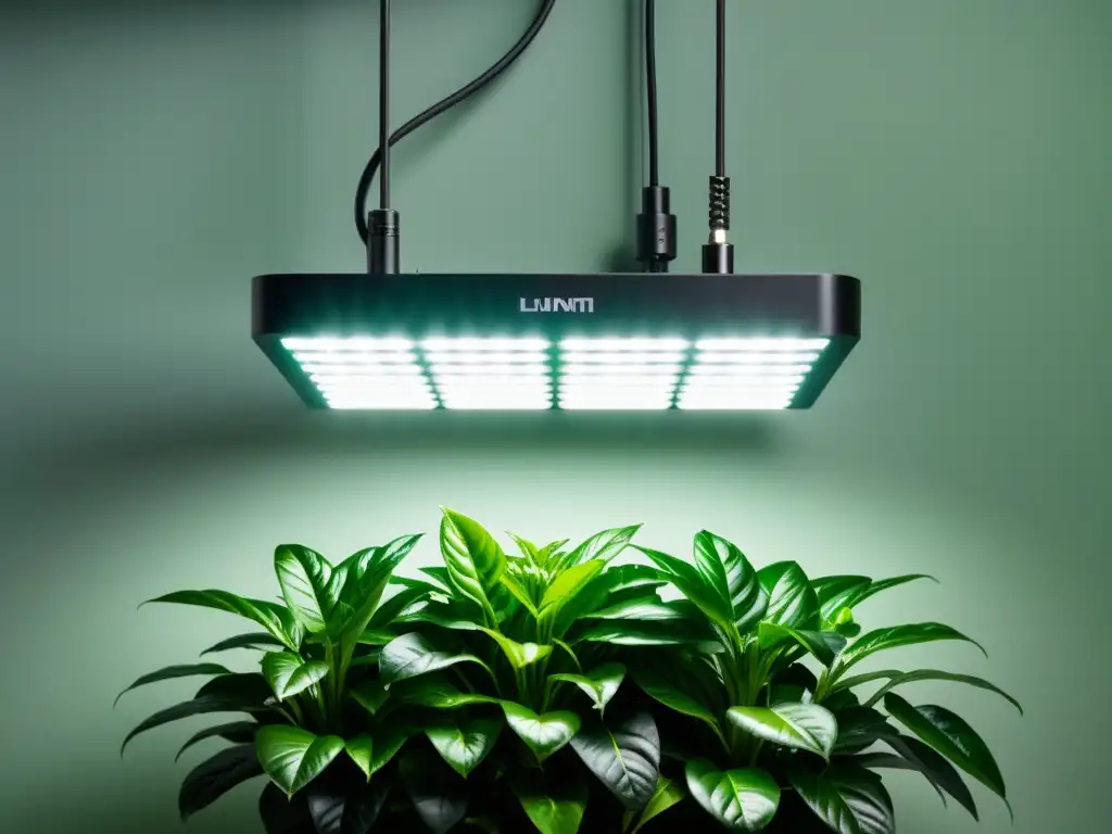 Un moderno foco LED ilumina exuberante planta de interior, promoviendo crecimiento saludable