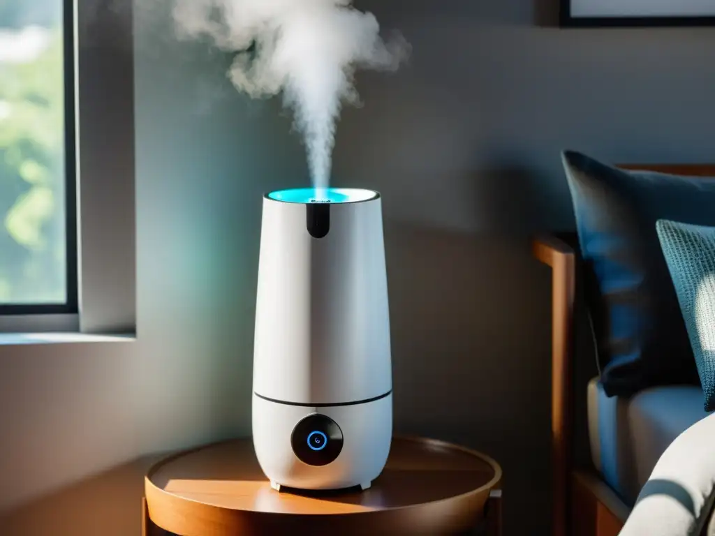 Un moderno humidificador en una habitación iluminada, emitiendo un suave vapor