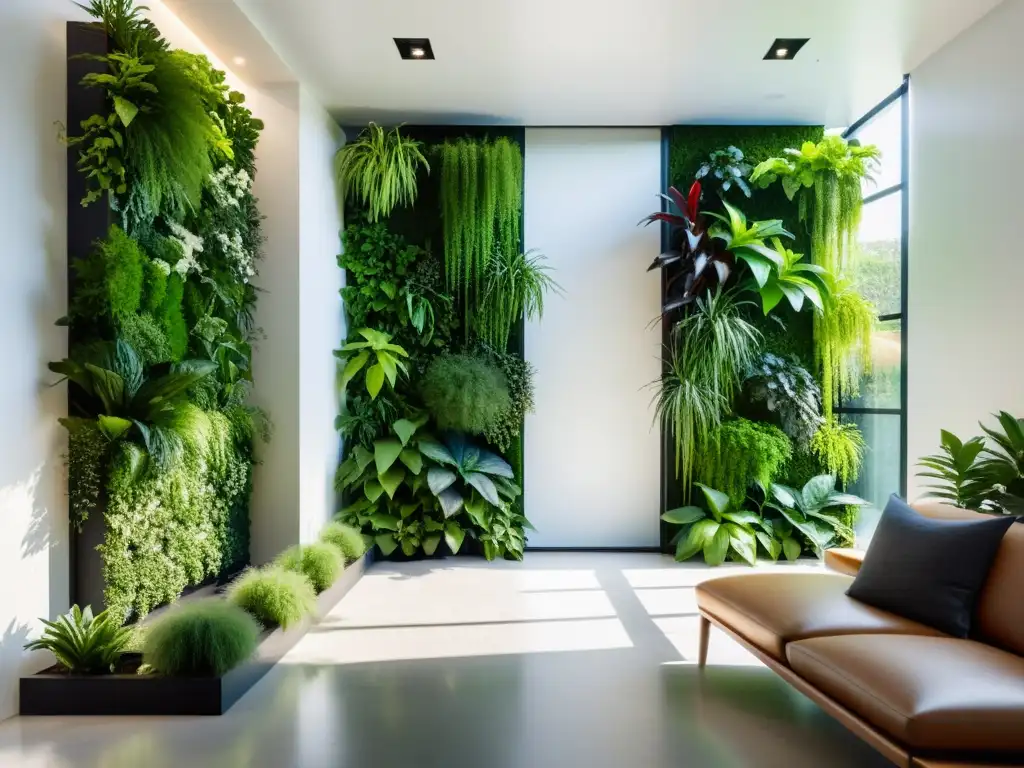 Un moderno interior minimalista con un exuberante jardín vertical para interiores, creando un oasis sereno y sofisticado