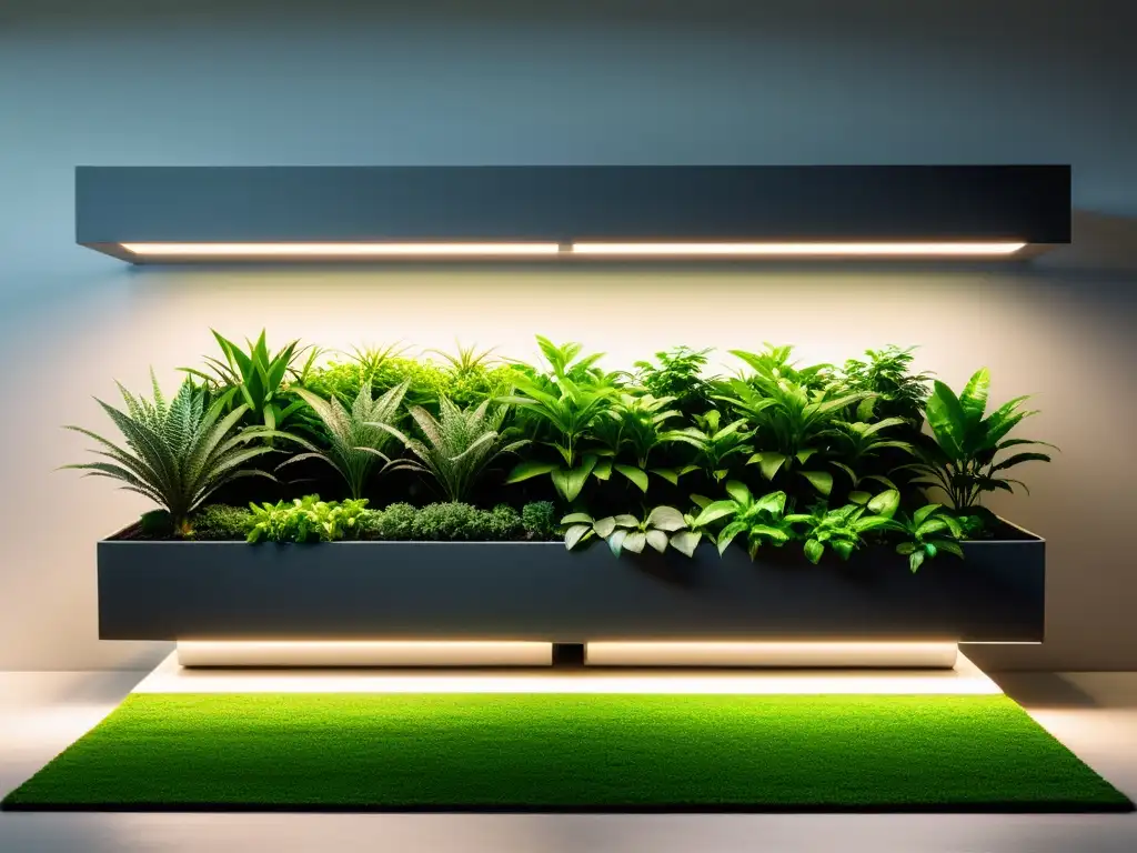 Jardín interior moderno con luces LED eficientes Moderno jardín interior con plantas vibrantes iluminadas por luces LED de bajo consumo