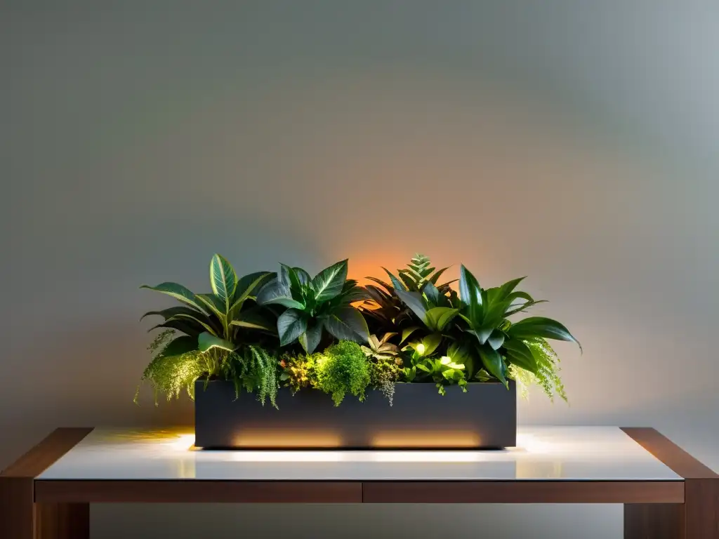 Un moderno macetero interior con luces LED integradas iluminando plantas de interior que necesitan luz nocturna, creando un ambiente sereno y acogedor