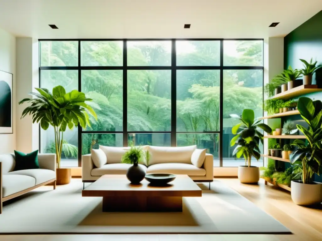 Un moderno salón minimalista con plantas para eliminar formaldehído, inundado de luz natural y un oasis sereno