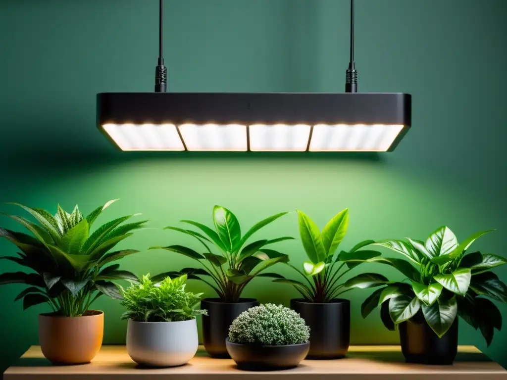 Un moderno panel LED simula luz solar para plantas, iluminando un grupo de exuberantes plantas de interior