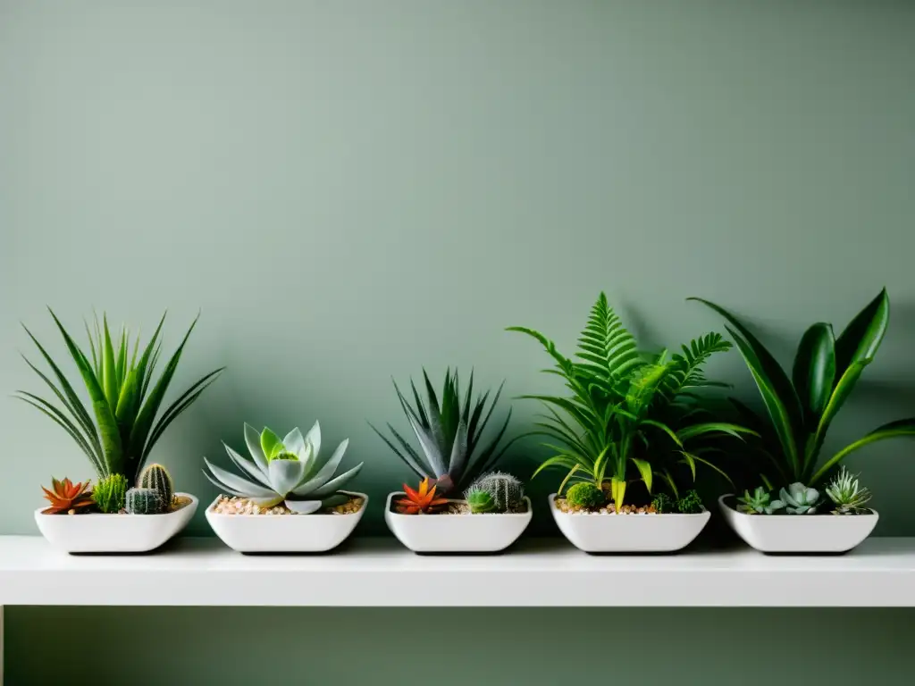 Jardín interior moderno con plantas ideales para jardín interior en estantes blancos minimalistas, creando un ambiente tranquilo y armonioso