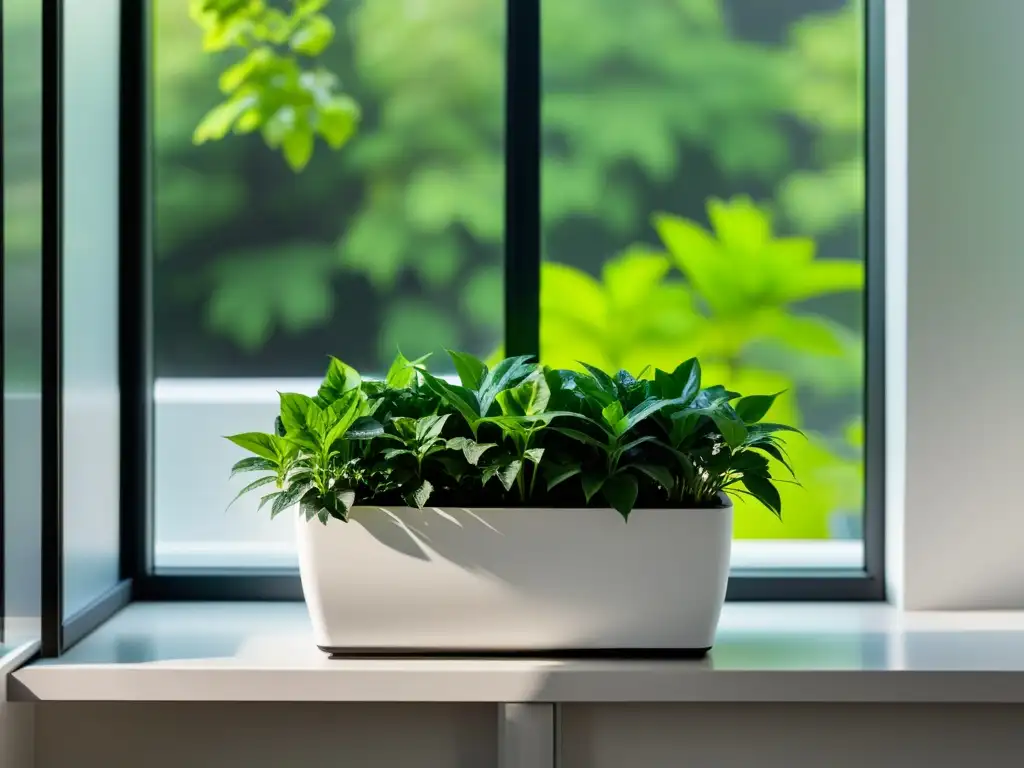 Un moderno y relajante autorriego blanco para interior con exuberante follaje verde bajo la suave luz natural