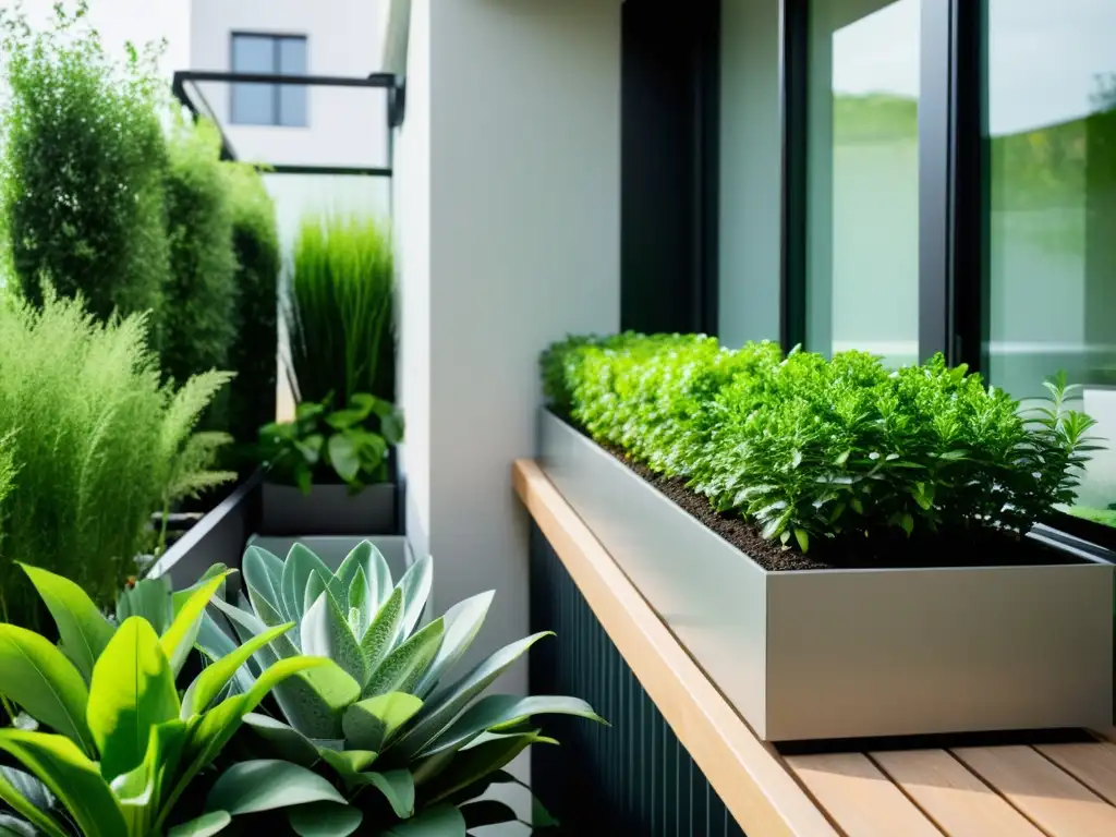 Jardín de balcón moderno con sistema de riego inteligente integrado Jardín de balcón moderno con riego inteligente integrado en diseño minimalista y exuberante vegetación