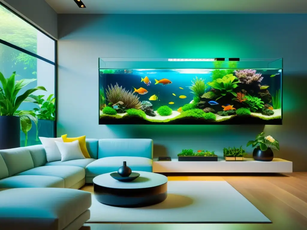 Un moderno salón con un acuario transparente en la pared y un ecosistema interior con plantas y peces vibrantes