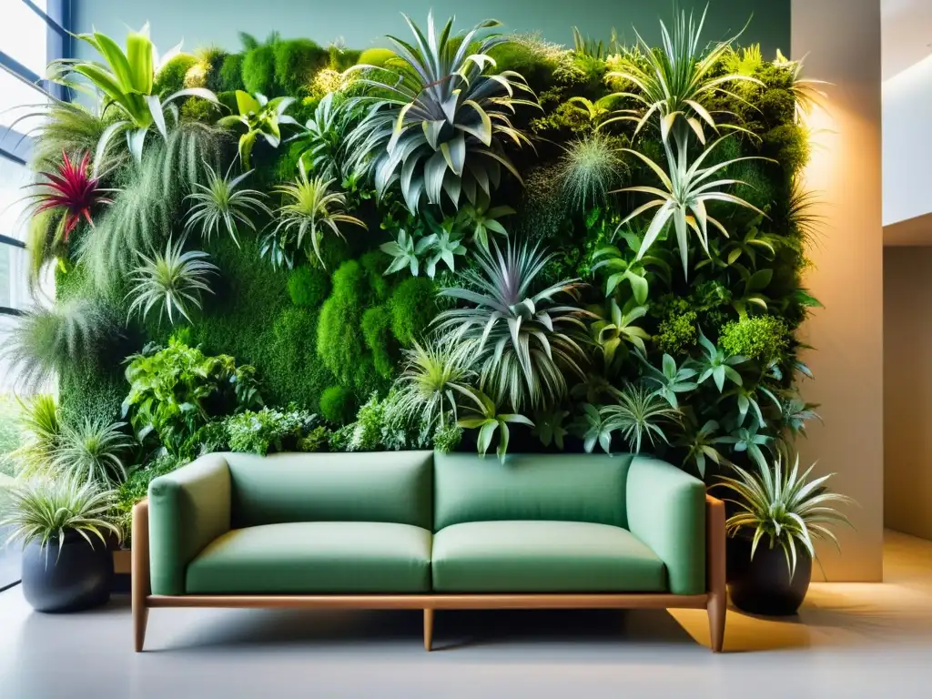 Un moderno salón con una impresionante pared de plantas aéreas para decoración moderna, creando un ambiente sereno y sofisticado