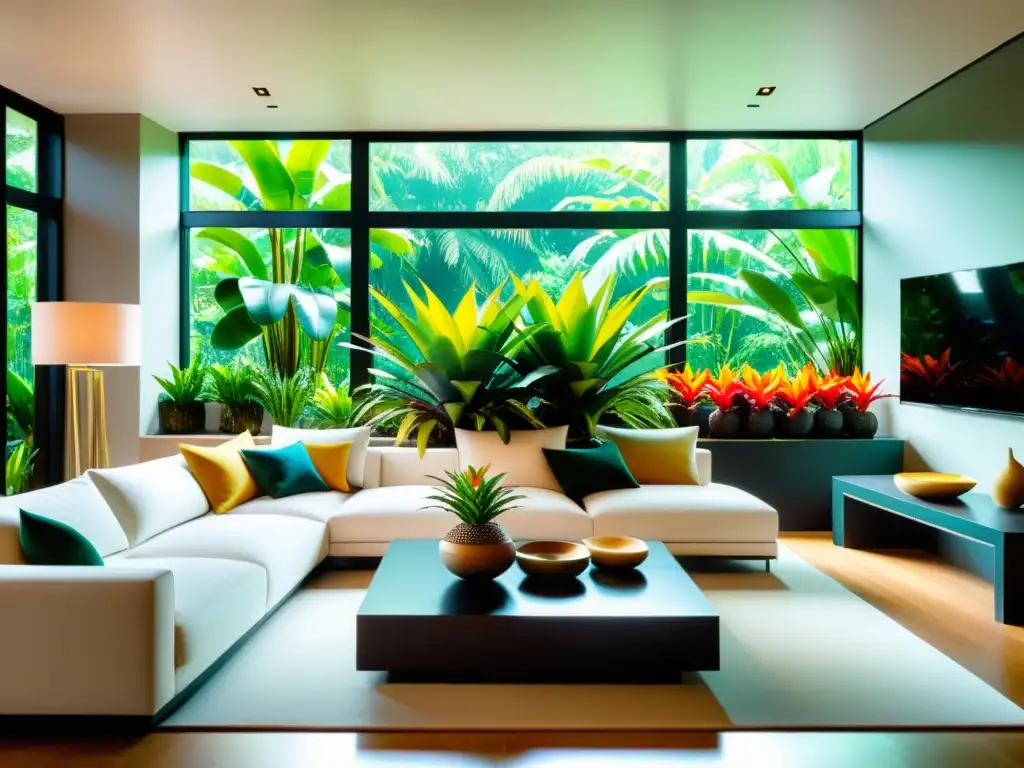 Un moderno salón con luz natural, elegantes bromelias de interior cuidados en macetas únicas crean un ambiente acogedor y sofisticado