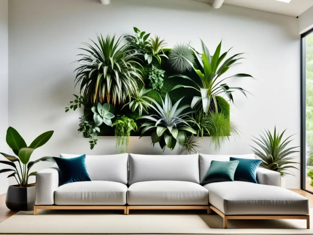 Un moderno salón con una pared de plantas aéreas para decoración moderna, creando un ambiente sereno y acogedor con luz natural