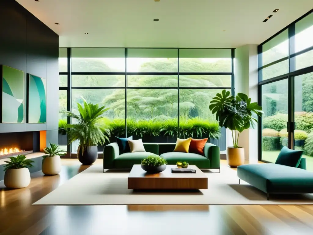 Un moderno salón con plantas de interior desintoxicantes, bañado por luz natural y una atmósfera calmada y revitalizante