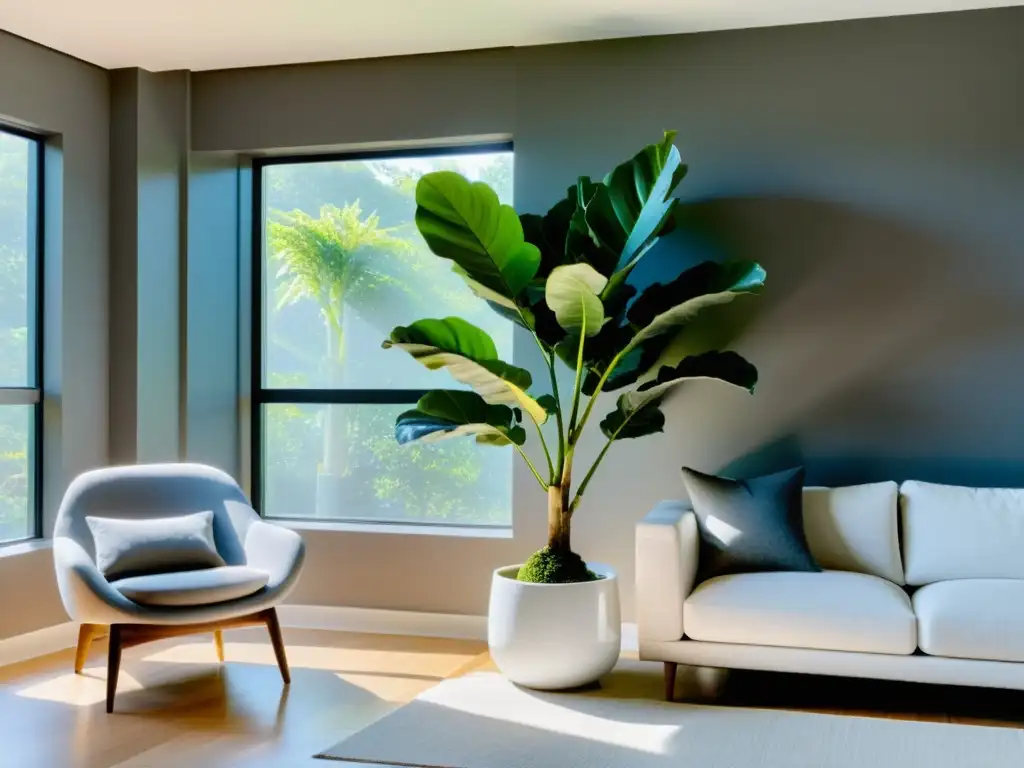 Un moderno salón con plantas de interior para decorar, iluminado por la luz natural que entra por las ventanas de suelo a techo