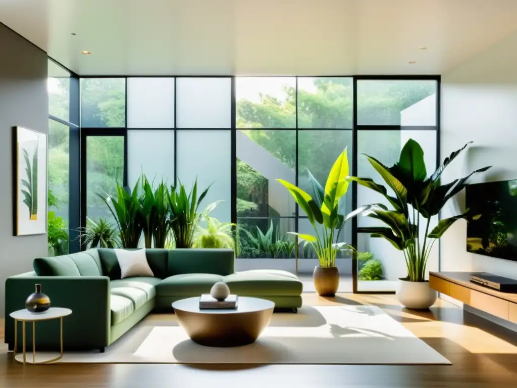 Un moderno salón con plantas de interior que purifican aire, elegancia natural y líneas limpias