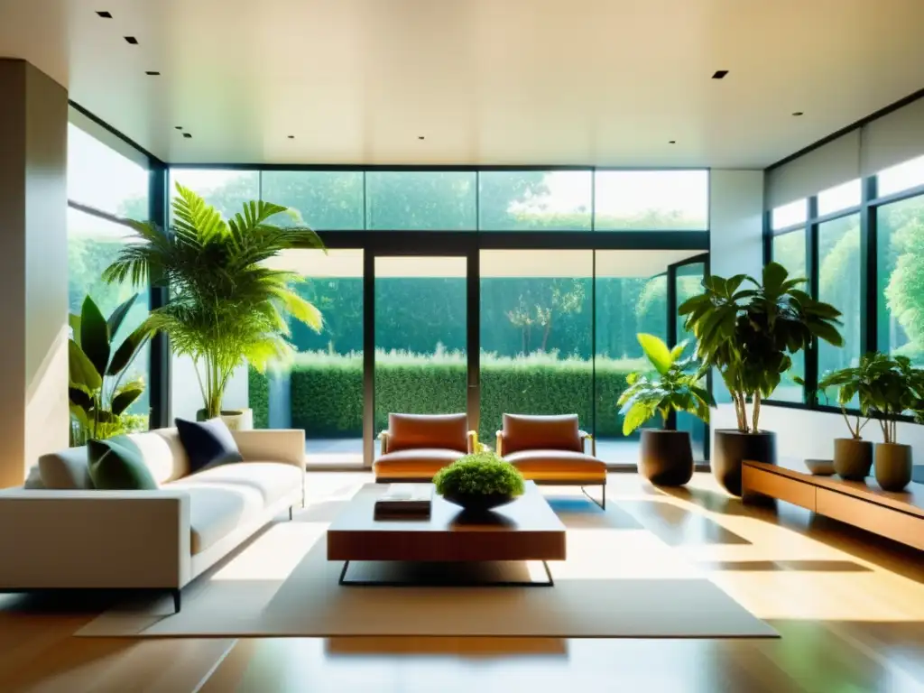 Un moderno salón con plantas purificadoras de aire para interiores, iluminado por luz natural, elegante y sereno