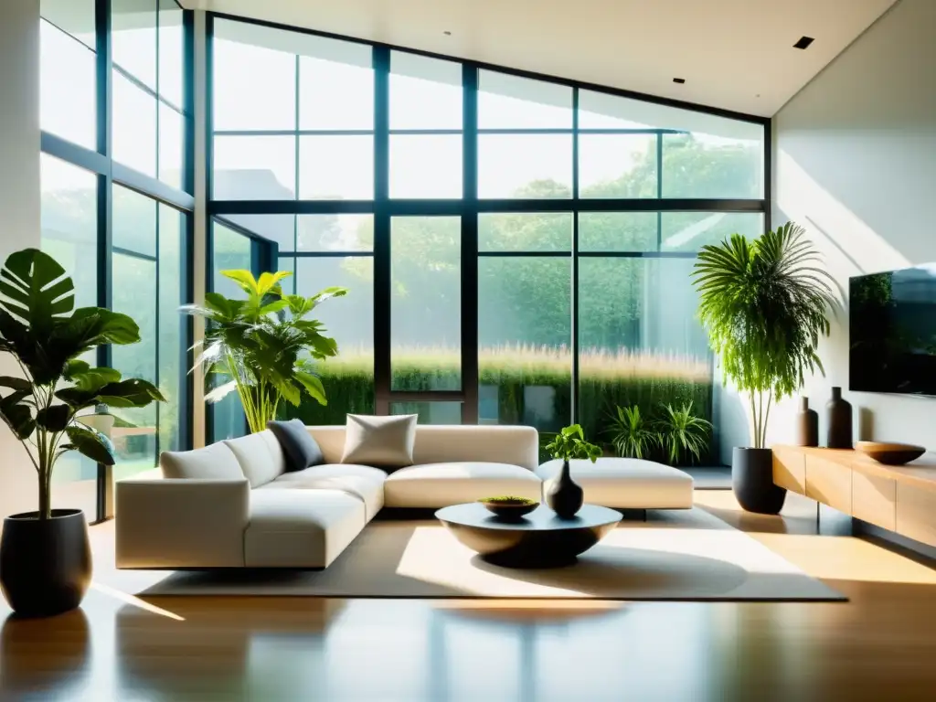 Un moderno salón con plantas purificadoras de aire interior en elegantes macetas, iluminado por luz natural