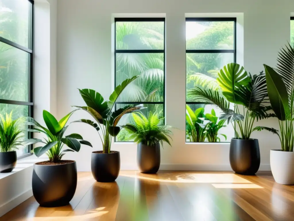 Un moderno salón con plantas verdes en macetas elegantes