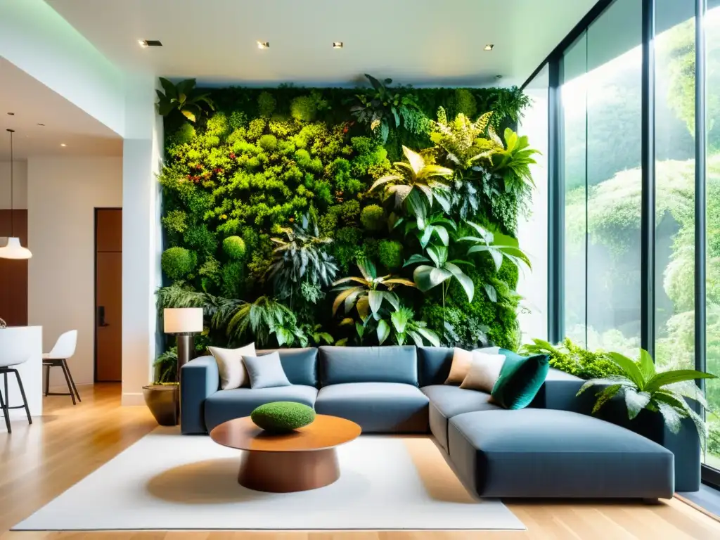 Un moderno salón con jardín vertical, creando un ambiente orgánico y sereno