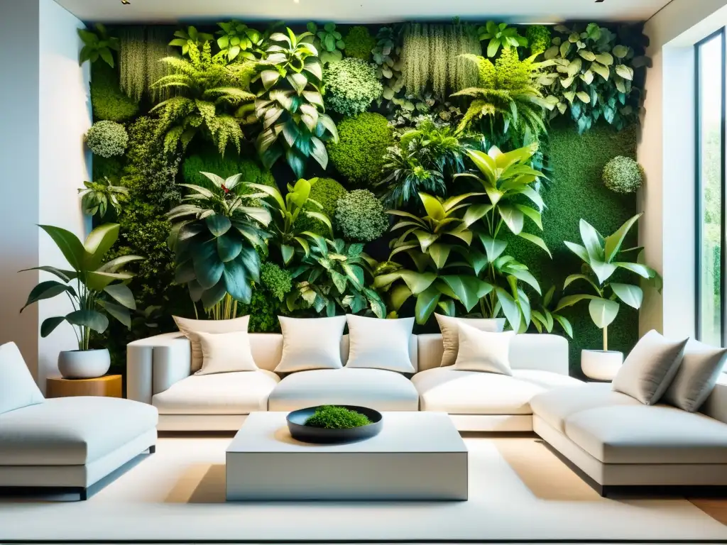 Un moderno salón con jardín vertical interior, plantas y decoración elegante en un ambiente sereno y elegante