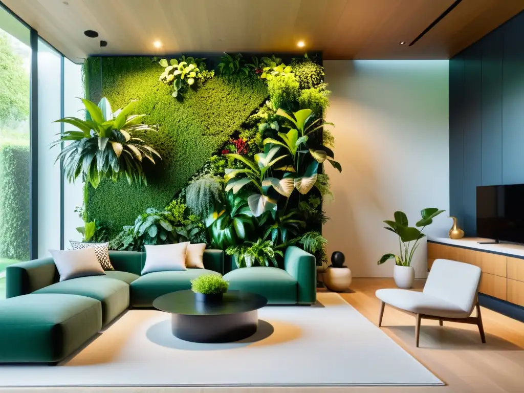 Un moderno salón con jardín vertical de plantas