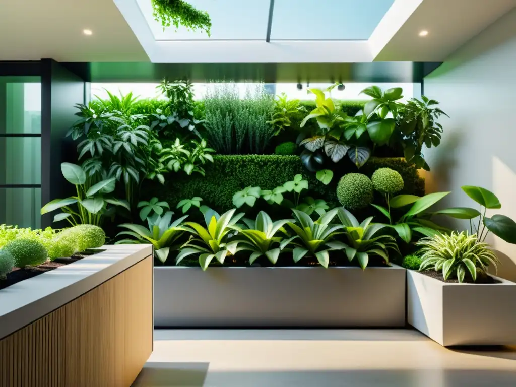 Integración IoT jardín interior: Moderno jardín interior con sensores IoT integrados, diseño minimalista y exuberante vegetación bañada en luz natural