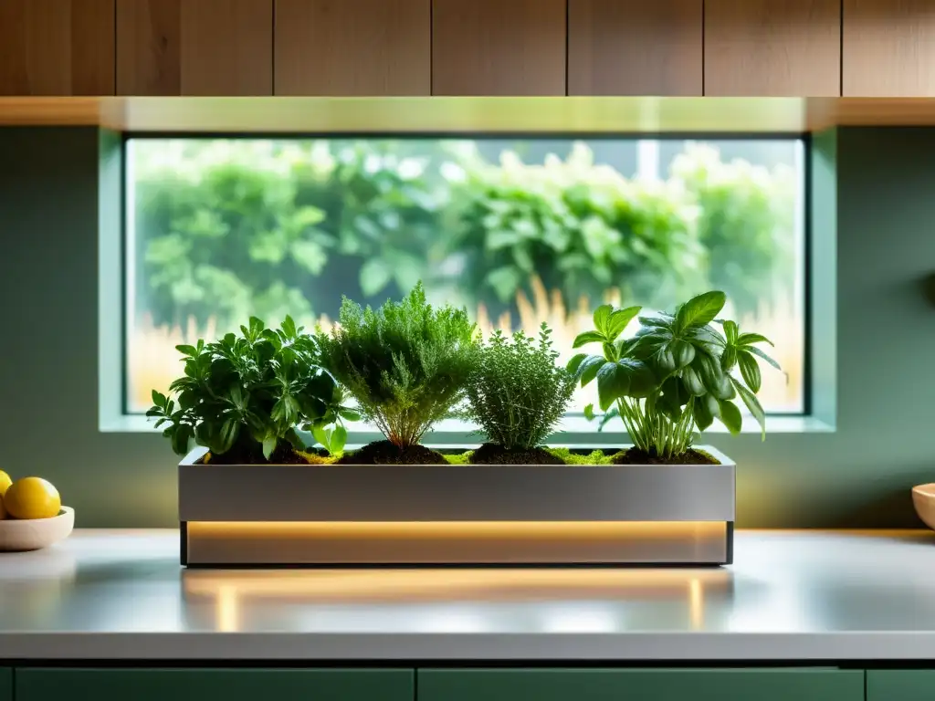 Un moderno y sereno minijardín de hierbas aromáticas en una cocina minimalista con luz natural