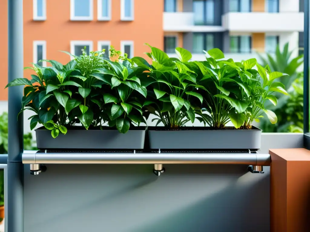 Jardín de balcón moderno con sistema de riego inteligente Un jardín de balcón moderno con sistema de riego inteligente, exuberante y sofisticado