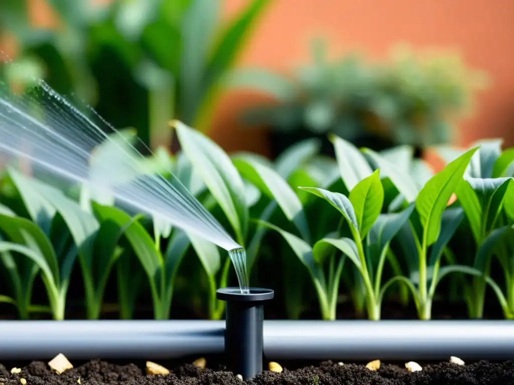 Un moderno sistema de riego en un jardín urbano, regar plantas en espacios reducidos con estilo y eficiencia