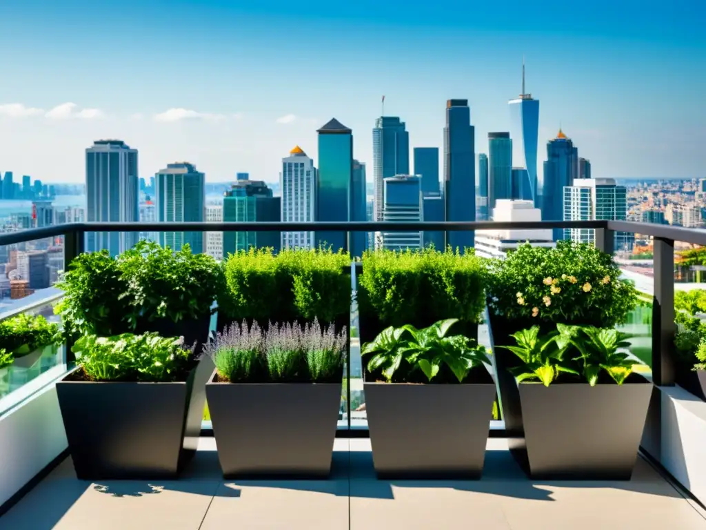 Un jardín de balcón moderno y sofisticado con plantas verdes en maceteros verticales, creando un oasis urbano