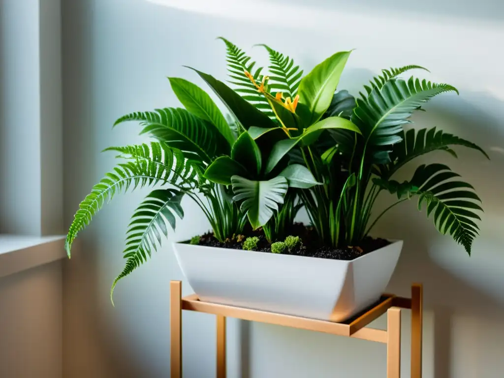 Un moderno soporte de plantas en interiores con una variedad de plantas de clima frío