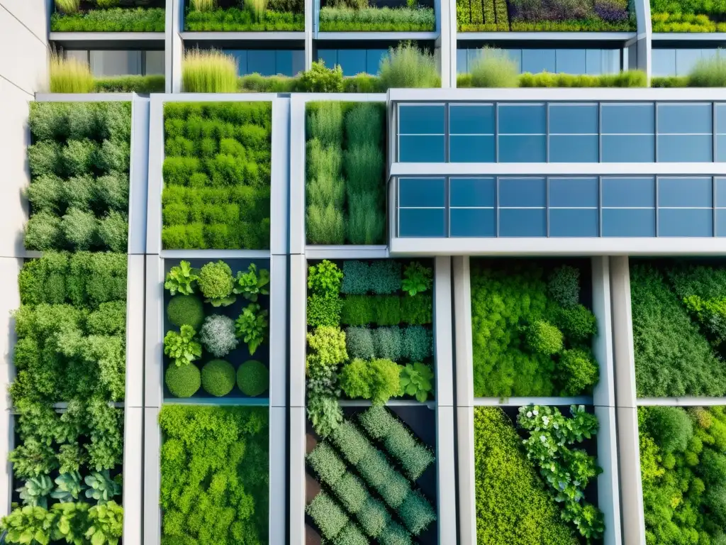 Un moderno techo urbano cubierto de exuberante vegetación verde, con diseño minimalista