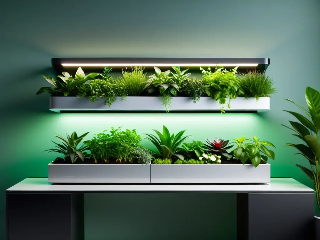 Jardín interior moderno con tecnología para jardines de interior sostenibles: plantas exuberantes en un entorno minimalista y contemporáneo