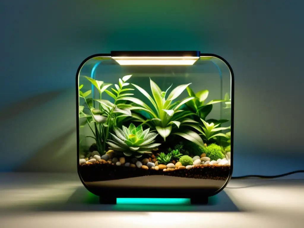 Un moderno terrario tecnológico para plantas de interior, con iluminación LED integrada y un sistema de riego inteligente, exhibiendo exuberantes plantas verdes en un entorno contemporáneo