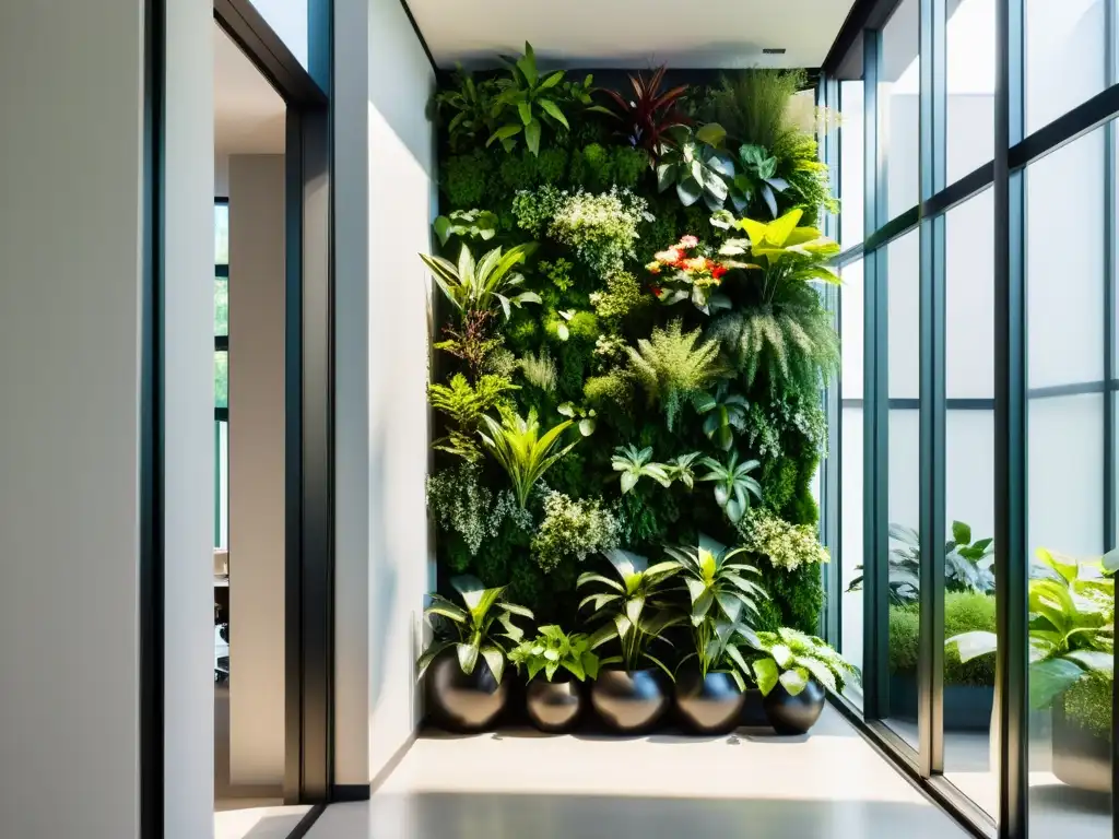 Un moderno jardín vertical en interior, con plantas exuberantes que realzan la tranquilidad y mejoran el aire